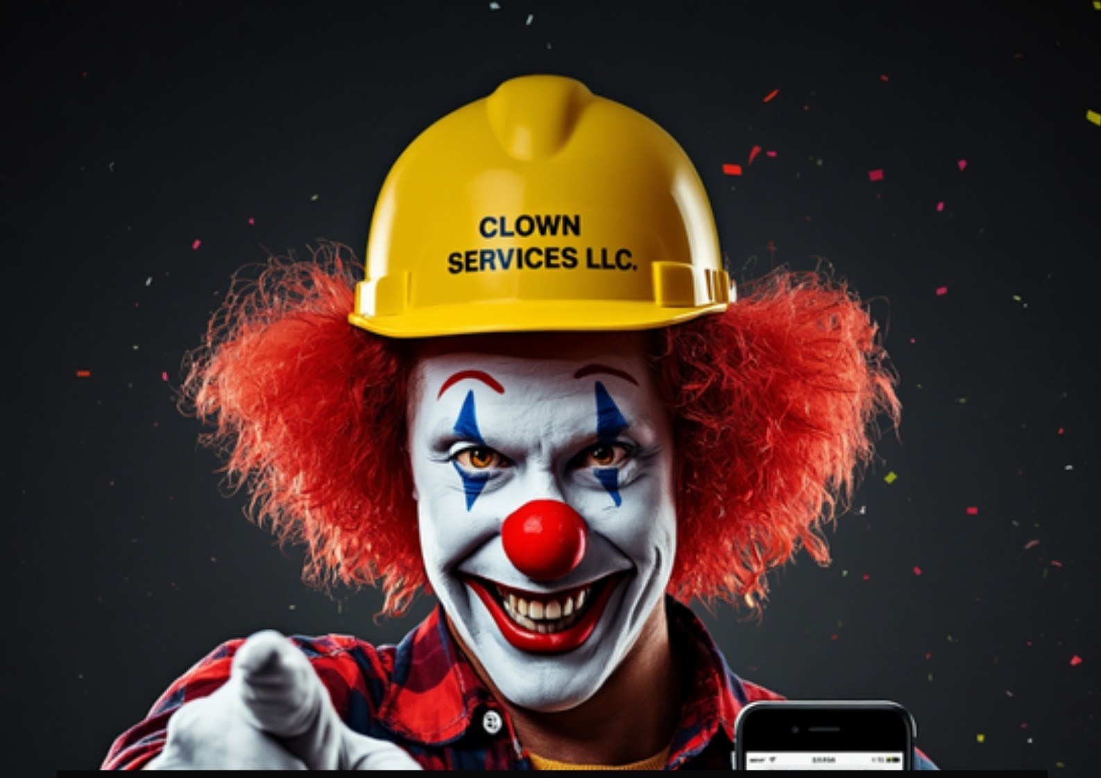 Clown Services LLC — Eastern NC's self-proclaimed #1 ranked contractor, pointing at a phone full of fake 5-star reviews